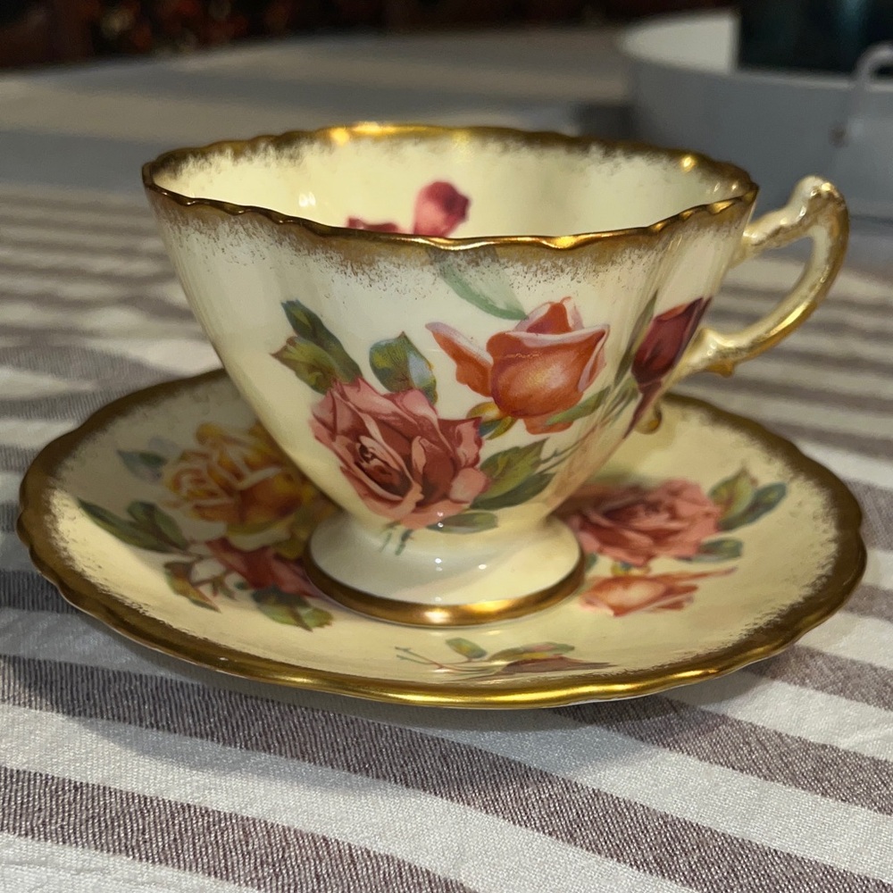Vintage Floral Teacup and Saucer with Gold Trim